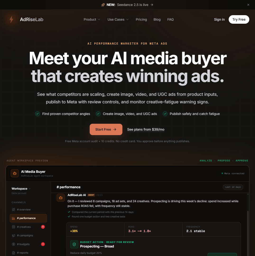 Hero viewport of AdRiseLab. A dark, orange-accented landing page presents an AI media buyer for Meta ads with an agent workspace preview, performance dashboard, and copy about creating winning ads.