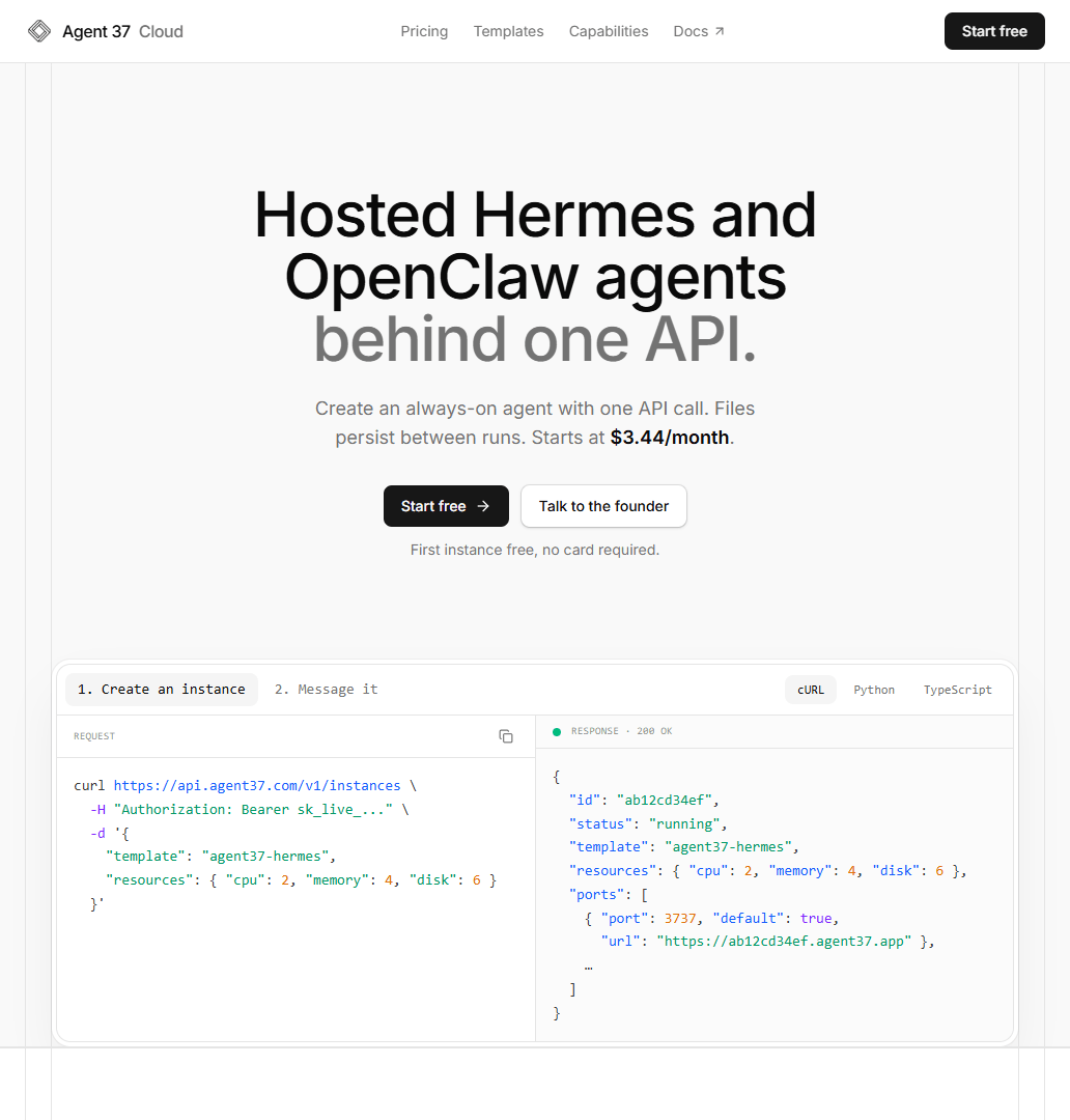 Hero viewport of agent37.com. Light background with dark typography. Bold headline: "Hosted Hermes and OpenClaw agents behind one API." Subheadline with copy about private agent instances. Two CTA buttons below. A decorative code snippet panel visible in the lower hero area showing API call syntax.