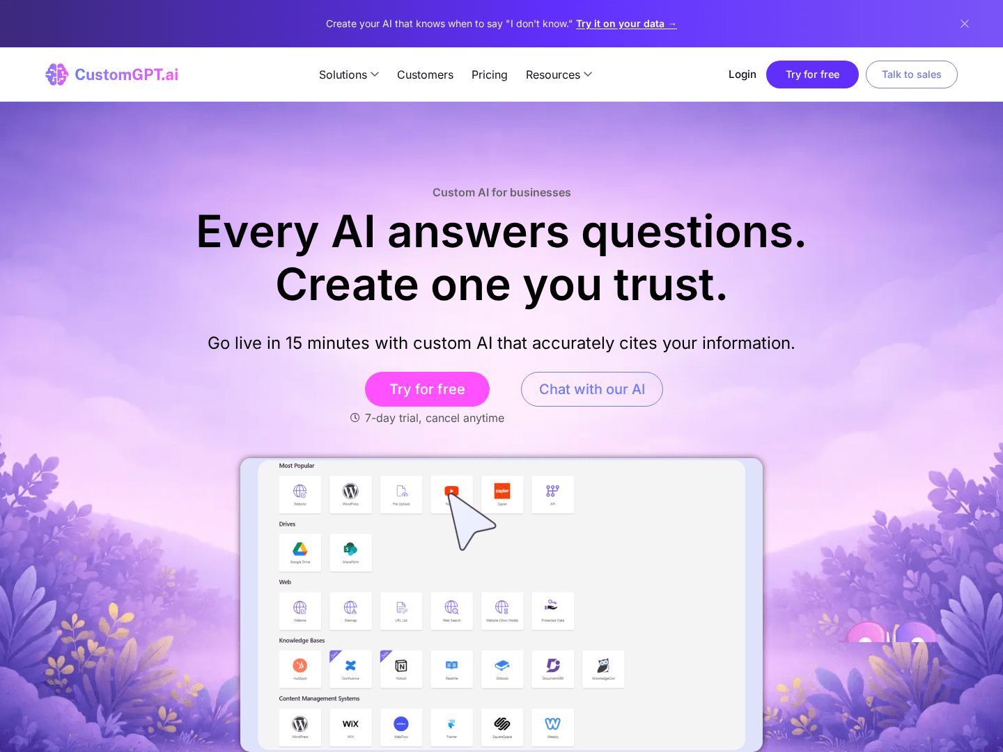 Hero viewport of customgpt.ai on a purple-to-lavender gradient background with soft illustrated flowers. Top nav: CustomGPT.ai logo, Solutions, Customers, Pricing, Resources menus, and a purple "Try for free" button. A banner at the top reads: "Create your AI that knows when to say Don't know. Try it and feel the AAA..." Centered headline in white: "Every AI answers questions. Create one you trust." Subheadline: "Go live in 15 minutes with custom AI that accurately cites your information." Two CTAs: "Try for free" (purple) and "Chat with our AI" (outline). Small note: "7 day trial, cancel anytime." Below: a product UI screenshot showing a dashboard grid of data source icons. Beneath that: "Trusted by 10,000+ organizations worldwide" with a single logo visible — MIT (Massachusetts Institute of Technology).