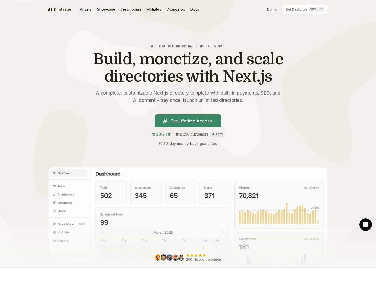 Hero viewport of dirstarter.com on a warm off-white background. Top nav: Dirstarter logo, Pricing, Showcase, Testimonials, Affiliates, Changelog, Docs links; right side shows "Demo" and "Get Dirstarter $101." Small badge: "We built 10,000 things (sticker & site)." Large headline: "Build, monetize, and scale directories with Next.js." Subheadline: "A complete, customizable Next.js directory template with built-in payments, SEO, and AI content — skip steps, launch profitable directories." Green CTA button: "Get Lifetime Access." Below: a product dashboard screenshot showing analytics metrics (502, 345, 65, 371, 70,821) and a bar chart. Trust strip: "A battle-tested tech stack" with Next.js, Prisma, and Stripe logos. Trustpilot star rating and review count visible.