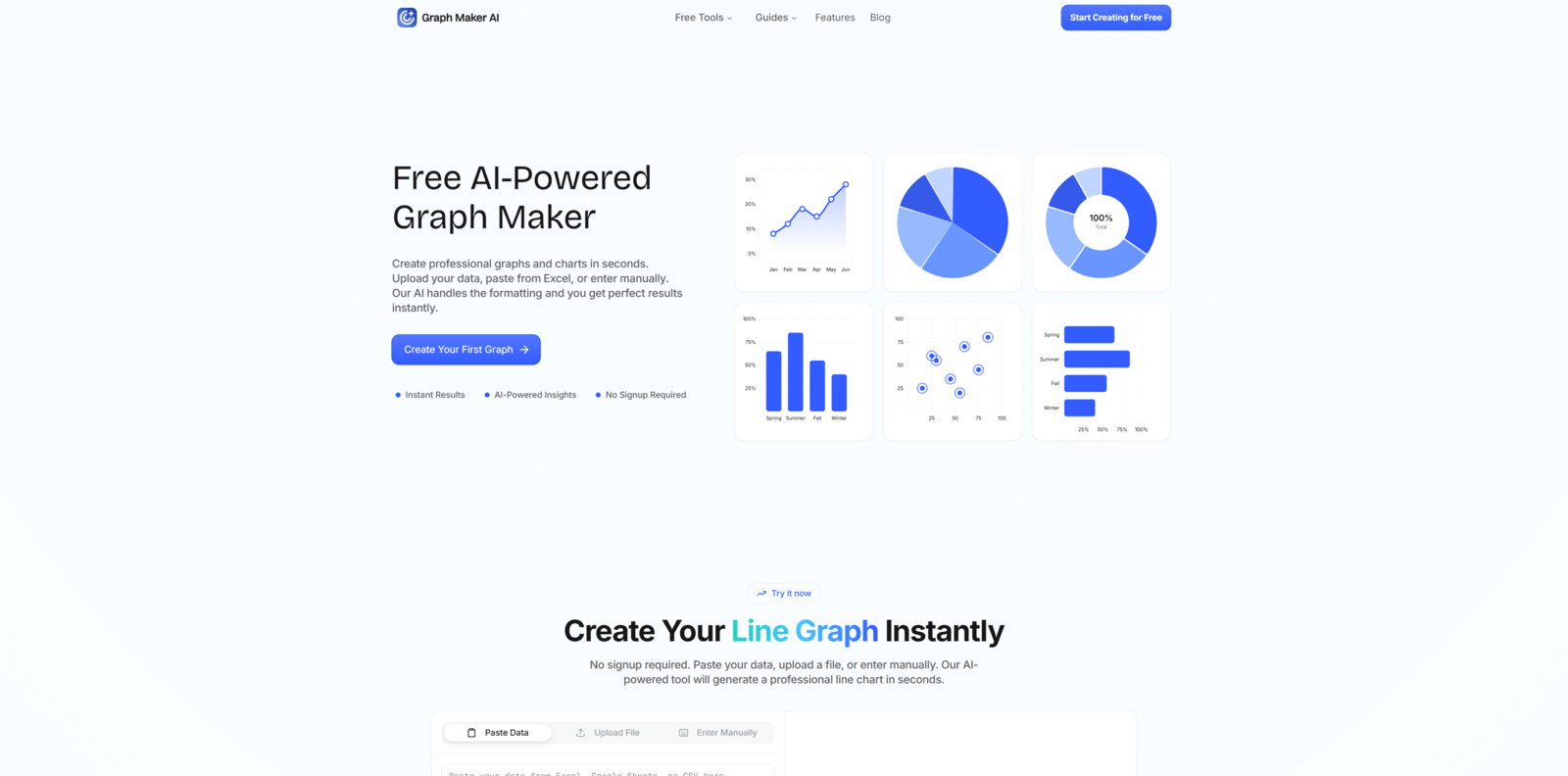 Hero viewport of graph-maker.ai showing the headline “Free AI-Powered Graph Maker” with three stock chart illustrations