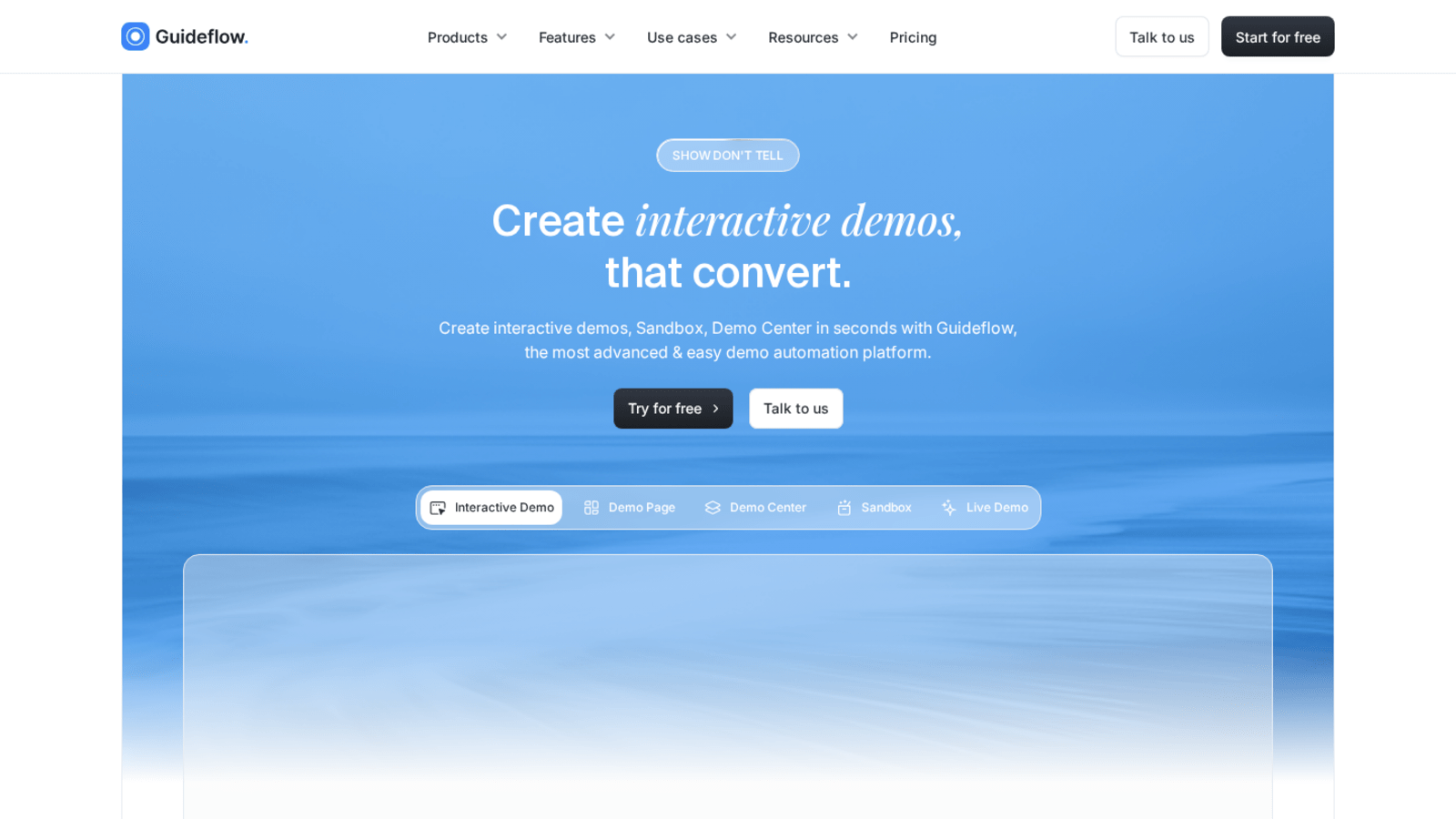 Hero viewport of guideflow.com showing the headline “Create interactive demos, that convert.” over a blue gradient with a tab strip listing Interactive Demo, Demo Page, Demo Center, Sandbox and Live Demo