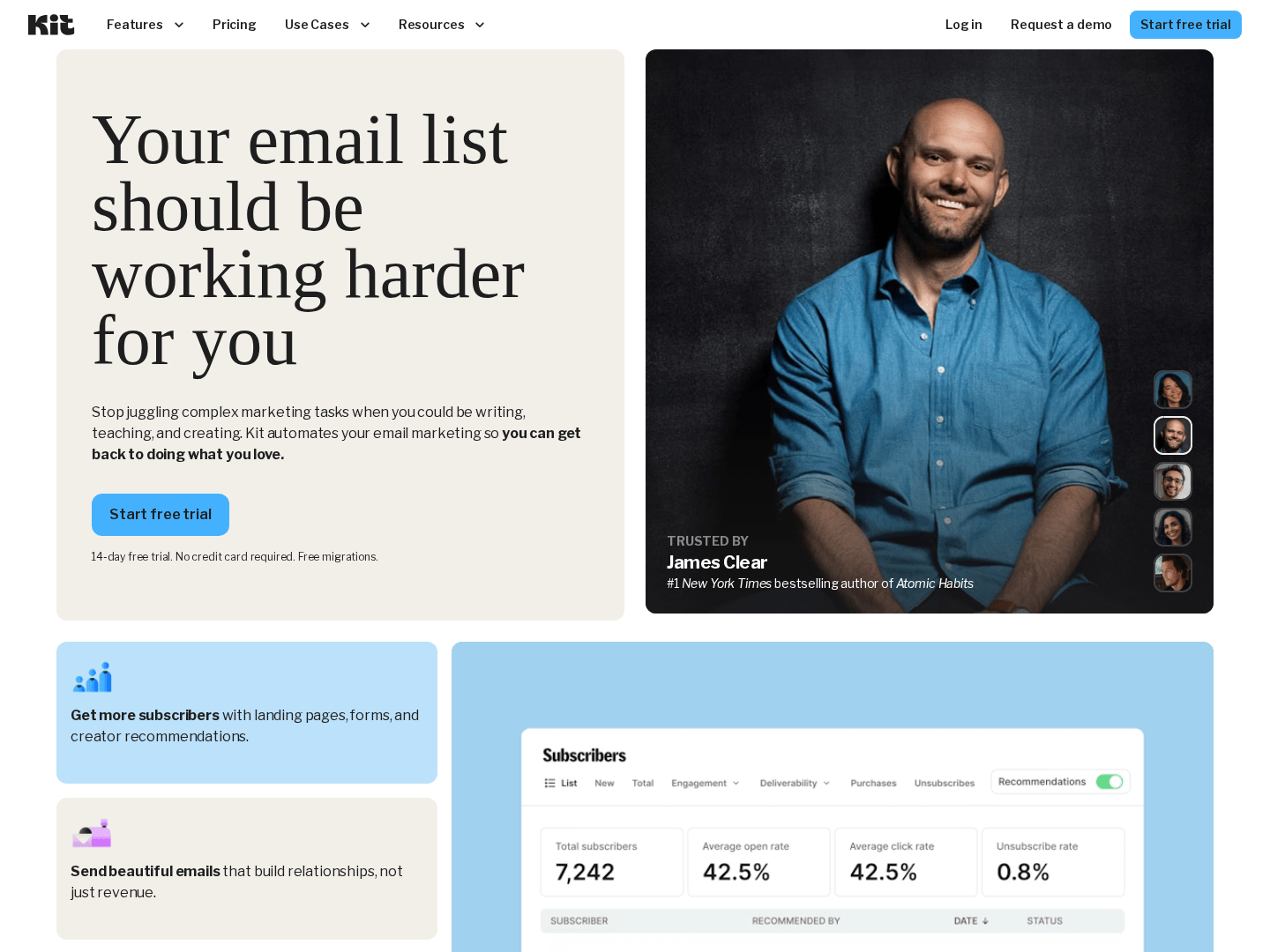 Hero viewport of kit.com (formerly ConvertKit) on a white background. Top nav: Kit logo, Features, Pricing, Use Cases, Resources, Log in, Request a demo, teal "Start free trial" button. Large serif headline: "Your email list should be working harder for you". Subheadline: "Stop juggling complex marketing tasks when you could be writing, teaching, and creating. Kit automates your email marketing so you can get back to doing what you love." Teal CTA: "Start free trial". On the right: large portrait photo of James Clear (author of Atomic Habits), credited as "James Clear, New York Times bestselling author of Atomic Habits". Below: email dashboard screenshot showing 7,242 subscribers, 42.5% open rate, 42.5% click rate, 0.8% unsubscribe. Row of creator portrait photos below.