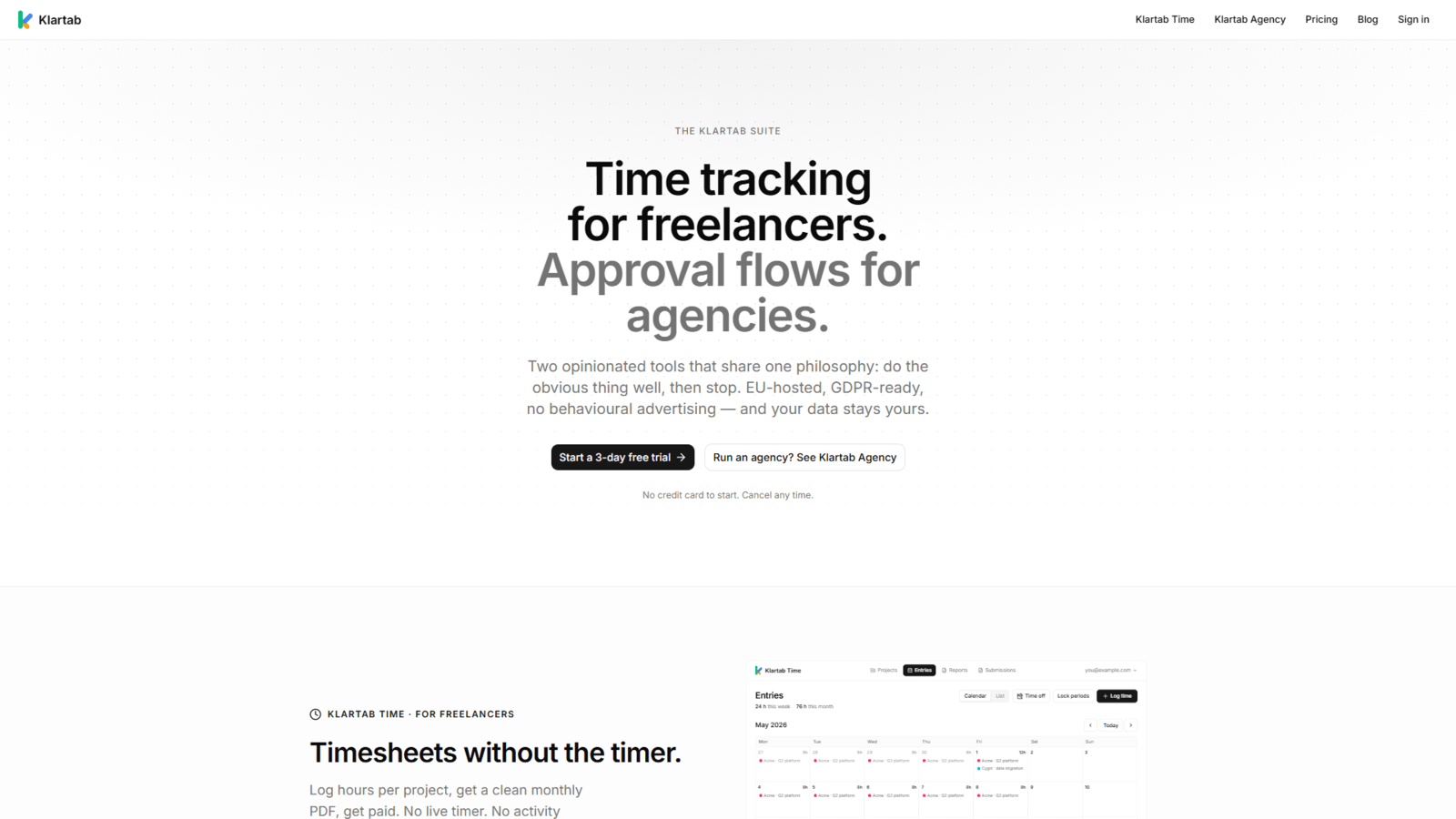 Hero viewport of klartab.com showing the dual headline “Time tracking for freelancers. Approval flows for agencies.”