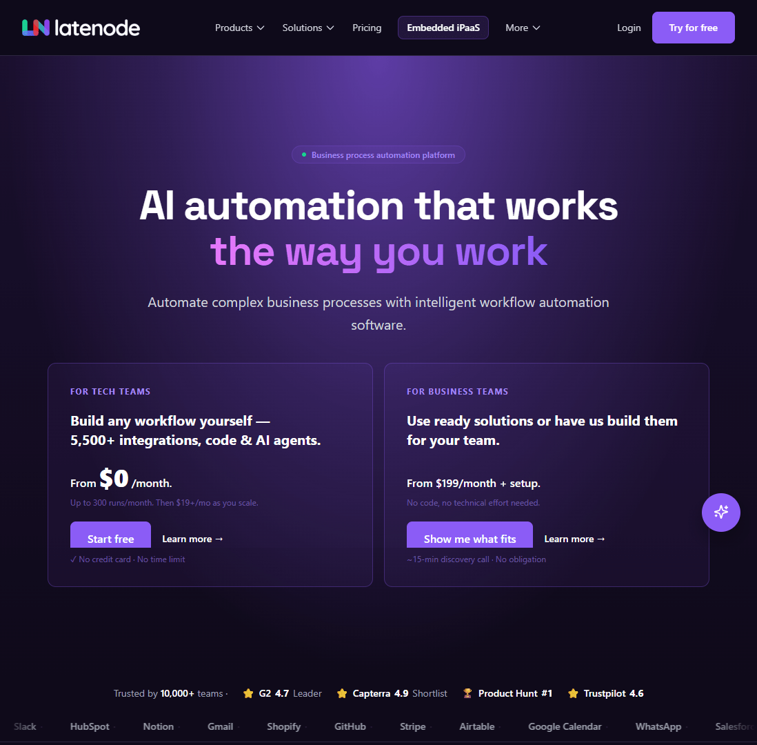 Hero viewport of latenode.com. Perma-dark background with deep purple gradient accents throughout. Large bold headline: "AI automation that works. We help you build it." Subtitle about finding AI-first automation for every team. Purple CTA button. Below: "Doing intelligent automation — without the manual work" section with feature illustrations. Further below: "Create your first AI workflow in three steps" numbered sequence.