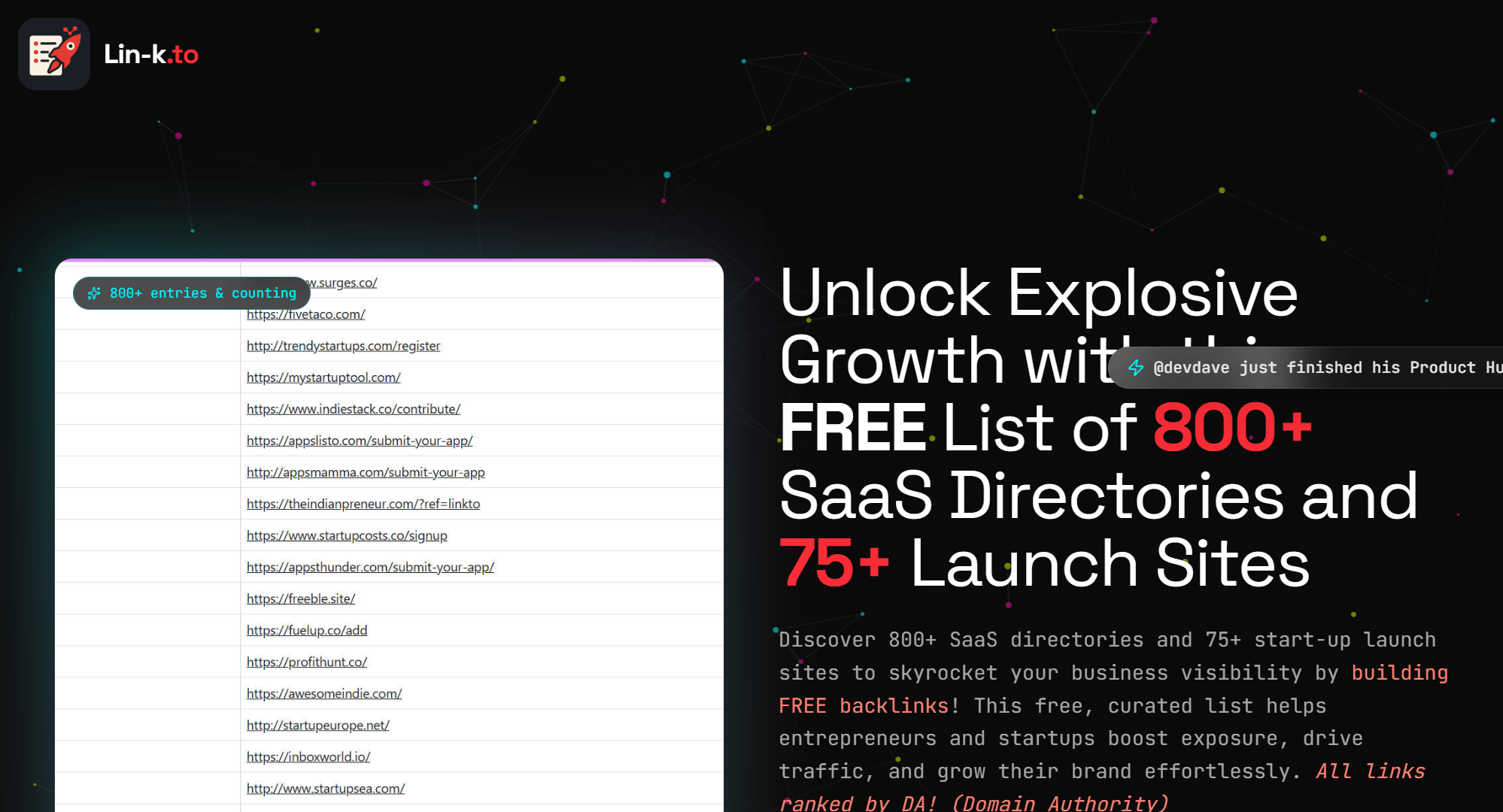 Hero viewport of lin-k.to on a near-black starfield background: a flame-icon "Lin-k.to" logo top-left, a mock spreadsheet panel on the left showing "800+ entries & counting" with dozens of directory submission URLs listed, and on the right the headline "Unlock Explosive Growth with FREE List of 800+ SaaS Directories and 75+ Launch Sites" in white with "FREE" and "800+" and "75+" highlighted in magenta/pink. Below: a description promising backlinks and traffic, a "Big April 2026 Update!" note, and a large pink "DOWNLOAD THE LIST →" CTA. Small text below: "Trusted by 930+ indie makers & vibe coders".