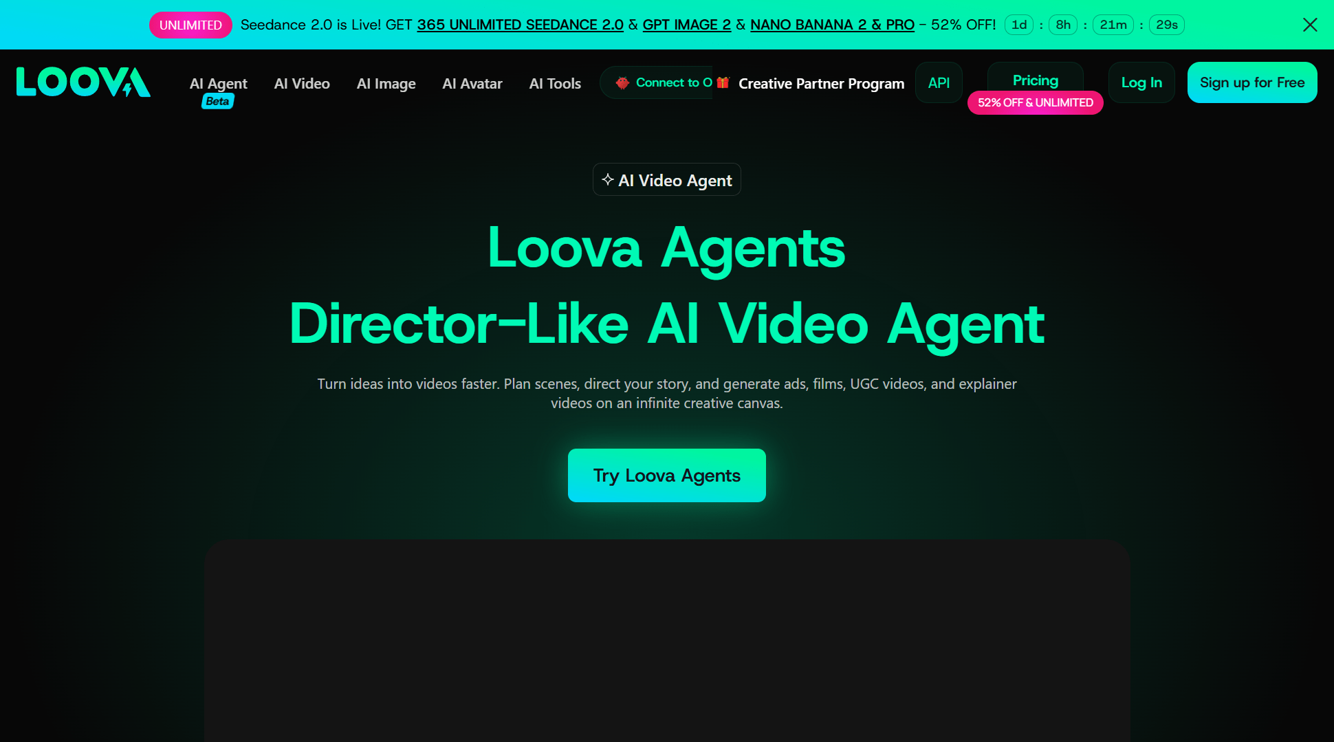 Hero viewport of loova.ai on a near-black background. A thin top announcement bar cycles through deals in green and pink text. Nav: Loova logo, AI Agent, AI Video, AI Image, AI Avatar, AI Tools, and more tabs; right side: Log In and green "Sign up for free" button. Below nav: a small green badge "AI Video Agent" and teal headline "Loova Agents — Director-Like AI Video Agent." Subheadline: "Turn ideas into videos faster. Plan scenes, direct your story, and generate ads, films, UGC videos, and explainer videos on an infinite creative canvas." Green CTA: "Try Loova Agents." Below: a full-width black panel with "START DIRECTING" in large teal uppercase letters centered on screen.
