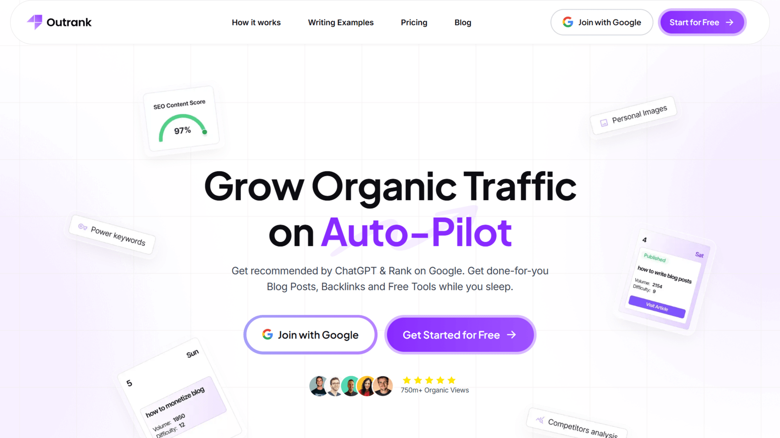 Hero viewport of outrank.so showing the headline "Grow Organic Traffic on Auto-Pilot" on a purple gradient background with floating decorative UI chips labelled SEO Content Score 97%, Power keywords, Personal Images and Competitors analysis scattered around the hero