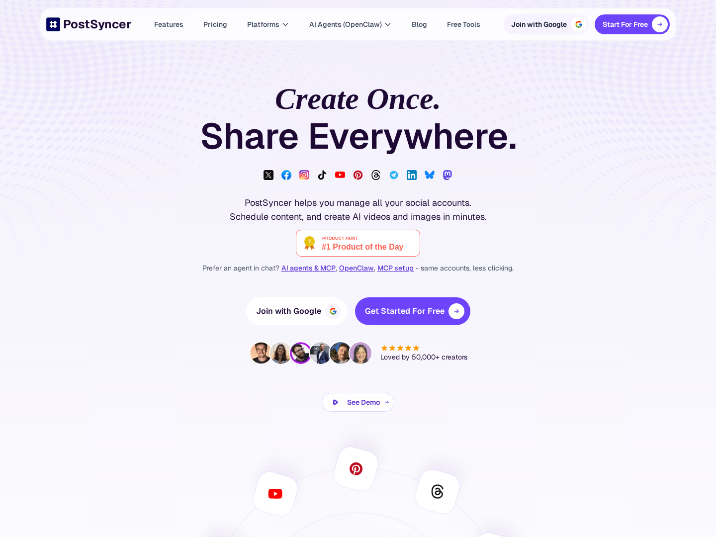 Hero viewport of postsyncer.com on a white-to-lavender gradient background. Top nav: PostSyncer logo, Features, Pricing, Platforms, AI Agents (OpenAI++), Blog, Free Tools, Join with Google. Large black headline: "Create Once. Share Everywhere." Subheadline: "PostSyncer helps you manage all your social accounts. Schedule content, and create AI videos and images in minutes." Micro-copy: "Pump up again in the 10,000+ OMG! 51M links." Star rating: 4.8/5 — trusted by 10,200+ creators. Two CTAs: "Join with Google" and "Get Started For Free." A network diagram below shows the PostSyncer logo at center, connected by dotted lines to platform logos: YouTube, TikTok, Instagram, LinkedIn, Pinterest, Facebook, Twitter/X, Threads, Bluesky, and more. Floating testimonial cards appear at the sides.