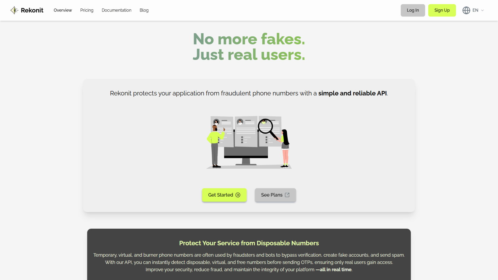 Hero viewport of rekonit.com showing the headline “No more fakes. Just real users.” above a cartoon illustration of a person at a desk with a magnifying glass