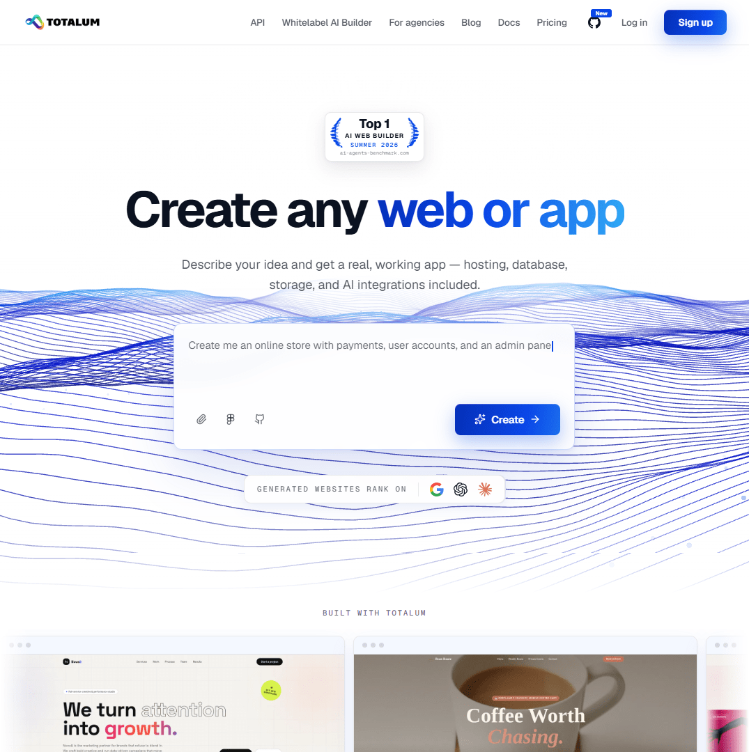 Hero viewport of Totalum. Pale blue and white landing page with blue wave graphics, a small Ship. Fast. style label, and the headline Create any web or app. Below it are product interface screenshots and a blue Create button.