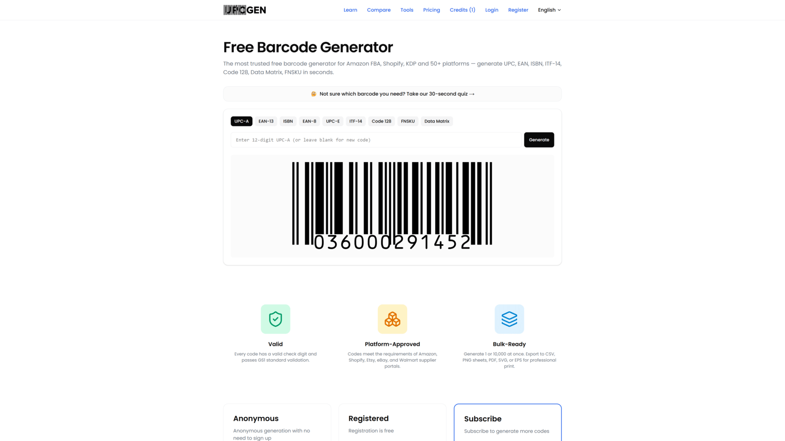 Hero viewport of upcgen.com showing the headline "Free Barcode Generator", a subhead stuffed with every barcode format name, a working barcode display, and a three-card section labelled Valid, Platform-Approved, Bulk-Ready