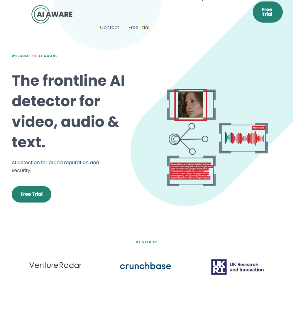 Hero viewport of aiaware.io. White background with teal/green accents. Top nav: AI Aware logo, Home, Pricing, Blog, Try it CTA in teal. Left-aligned headline: "The frontline AI detector for video, audio & text." Subheadline about detecting AI-generated content. CTA: Try it. Trust bar below: VentureFaster, Crunchbase, and one other logo. Below hero: "Why AI Detection Matters" section heading with explanatory text.