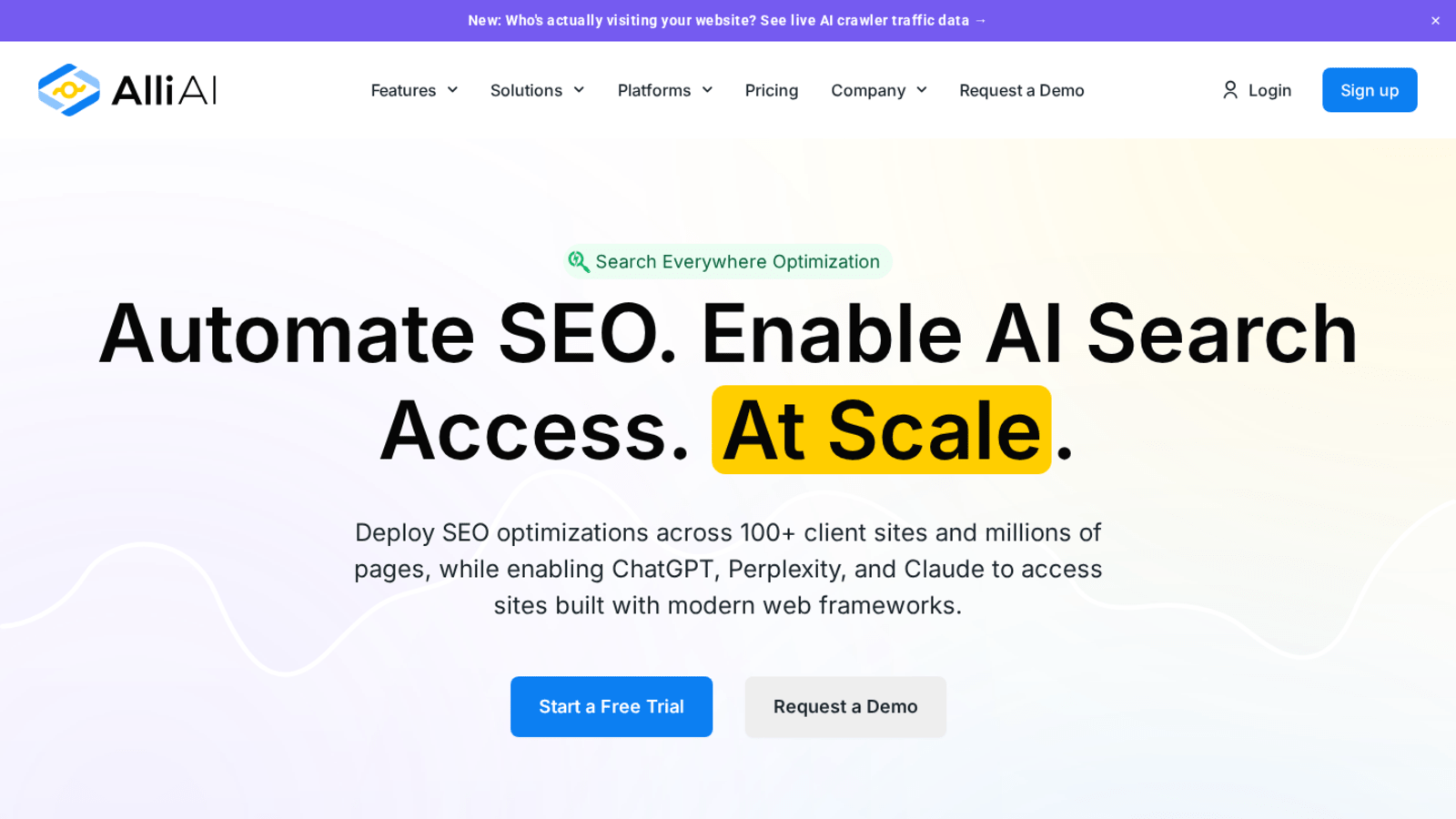 Hero viewport of alliai.com showing the headline “Automate SEO. Enable AI Search Access. At Scale.” above an As Seen On press logo strip