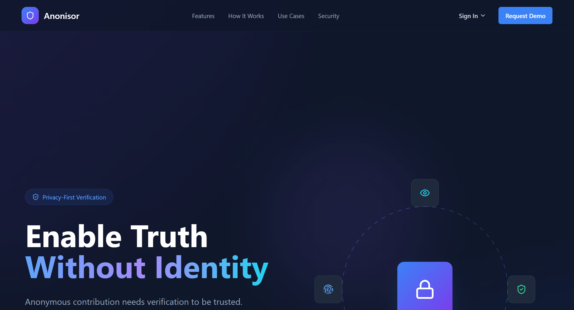 Hero viewport of anonisor.com on a deep navy background. Top-left: "Anonisor" logo with a teal circular icon. Nav: Features, How It Works, Use Cases, Security. Right: Sign In dropdown and a purple "Request Demo" button. A "Privacy-first Verification" chip badge in teal. Left: large headline "Enable Truth" in white, "Without Identity" in teal/cyan. Subtext: "Anonymous contribution needs verification to be trusted. Anonisor makes anonymity safe, credible, and useful." Two CTAs: "Request Demo →" in purple and "For Platforms & Teams" in outline. Three trust chips: Privacy preserving, Zero PII exposed, Easy integration. Right side: abstract node-graph graphic with a purple lock icon in the centre and eye icons at the nodes, suggesting privacy-aware data flow.