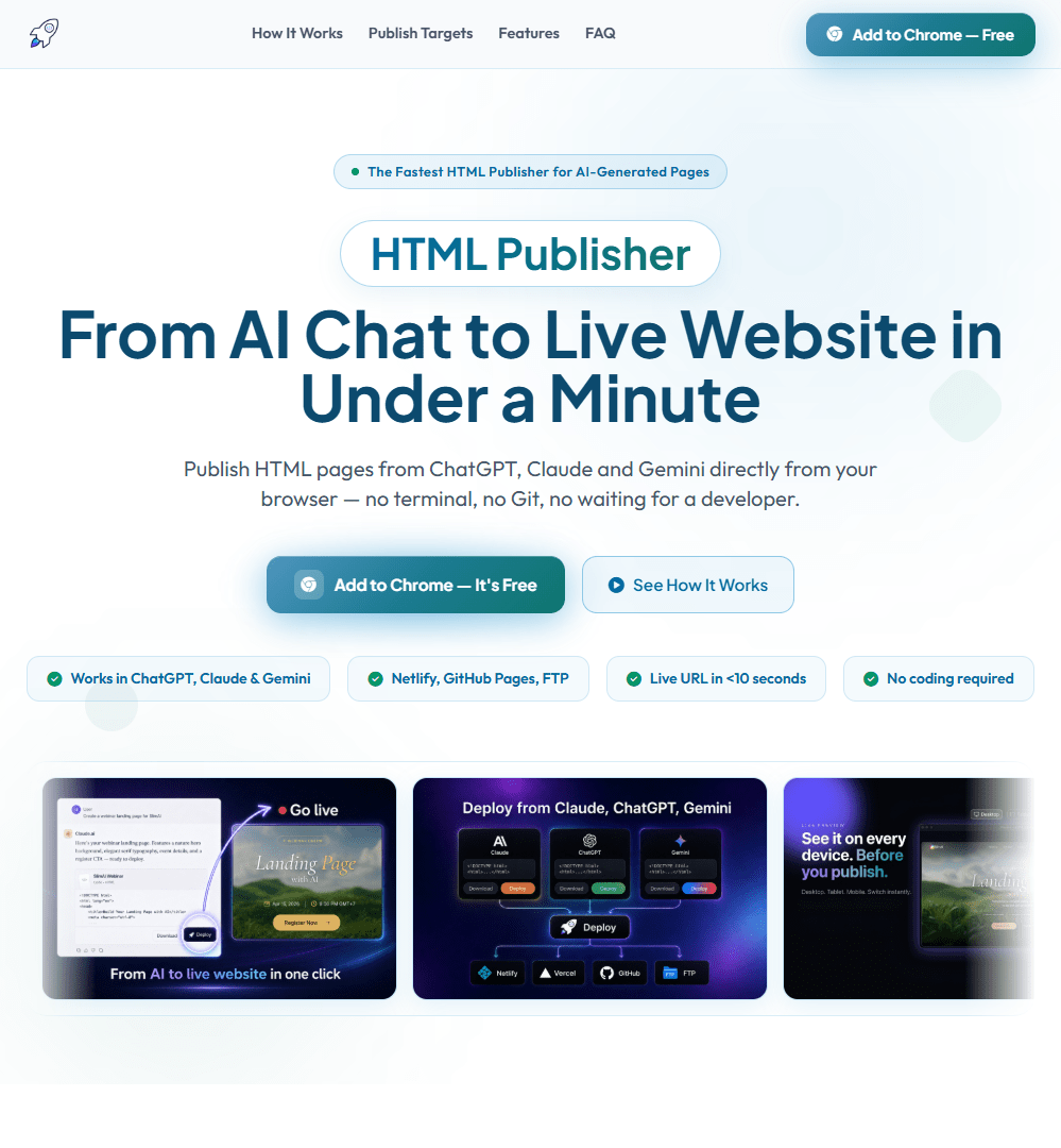 Hero viewport of backrun.co (HTML Publisher). White background. Top nav with logo and links. Large centred headline: "From AI Chat to Live Website in Under a Minute." Subtitle about publishing AI-generated HTML instantly. CTA button below. Lower section: "You Have the HTML. You Just Need a Way to Publish It." with feature bullet list on the left and a product interface mockup on the right.