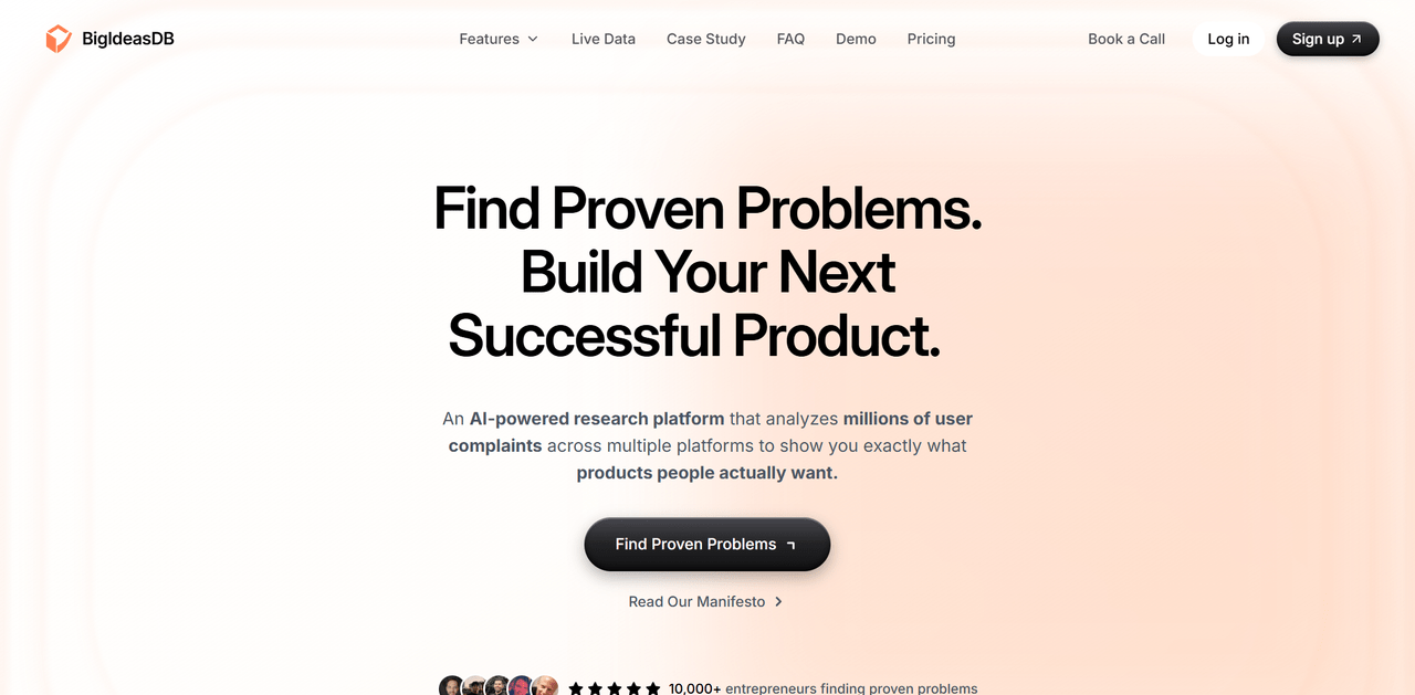 Hero viewport of BigIdeasDB. White background with a centered, large bold black headline reading Find Proven Problems. Build Your Next Successful Product. Peach-salmon gradient fills the hero section behind the text. Below the headline, a smaller paragraph describes an AI-powered research platform that analyzes millions of user complaints. A black Find Proven Problems button and a Read Our Manifesto text link sit below. At the very bottom of the viewport, a partial row of avatar photos is visible with the label 10,000 plus entrepreneurs finding proven problems.