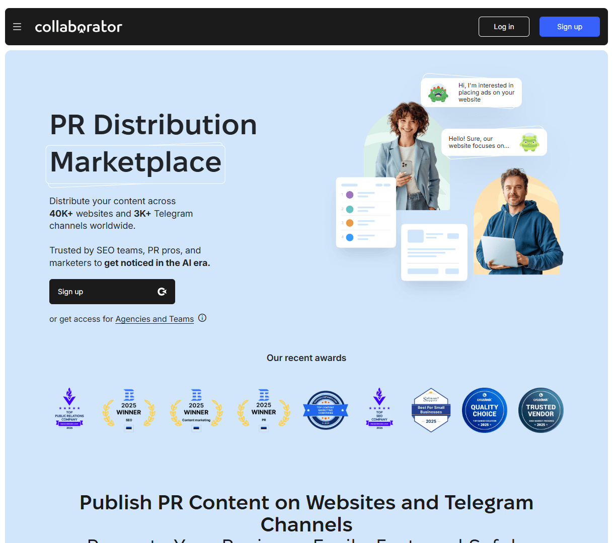 Hero viewport of collaborator.pro. Light background. Bold headline: "PR Distribution Marketplace". Subheadline: "Publish PR Content on Websites and Telegram Channels. Promote Your Business Easily, Fast, and Safely." CTA buttons below. Social proof logo row beneath including Forbes, Clutch, and others.