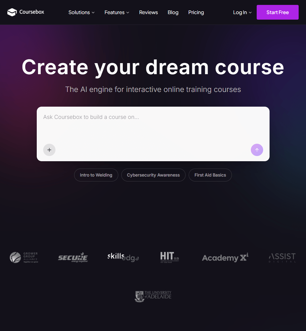 Hero viewport of coursebox.ai. Perma-dark background with purple-to-indigo gradient accents. Top nav with logo and links. Large centred headline: "Create your dream course" with a purple gradient text effect. Subtitle: "Faster, more engaging training." Purple CTA button. Below the hero: three stat badges in a row — "300K+ Learners", "180+" and "100+" — with no source. A "Trusted by Users Worldwide" section heading below.