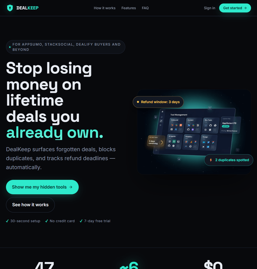 Hero viewport of dealkeep.io. Perma-dark background. Bold headline: "Stop losing money on lifetime deals you already own." Stat badges showing 47 and $0. Subheadline: "Your Lifetime Deals Stack, finally organized." Colorful floating app icon orbs arranged in a cluster below. CTA button visible.