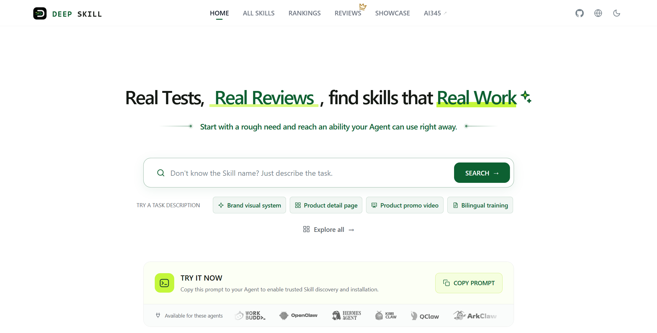 DeepSkill homepage hero on white: Real Tests, Real Reviews, find skills that Real Work, a task search bar, sample prompts, a Copy Prompt button, and agent logos.