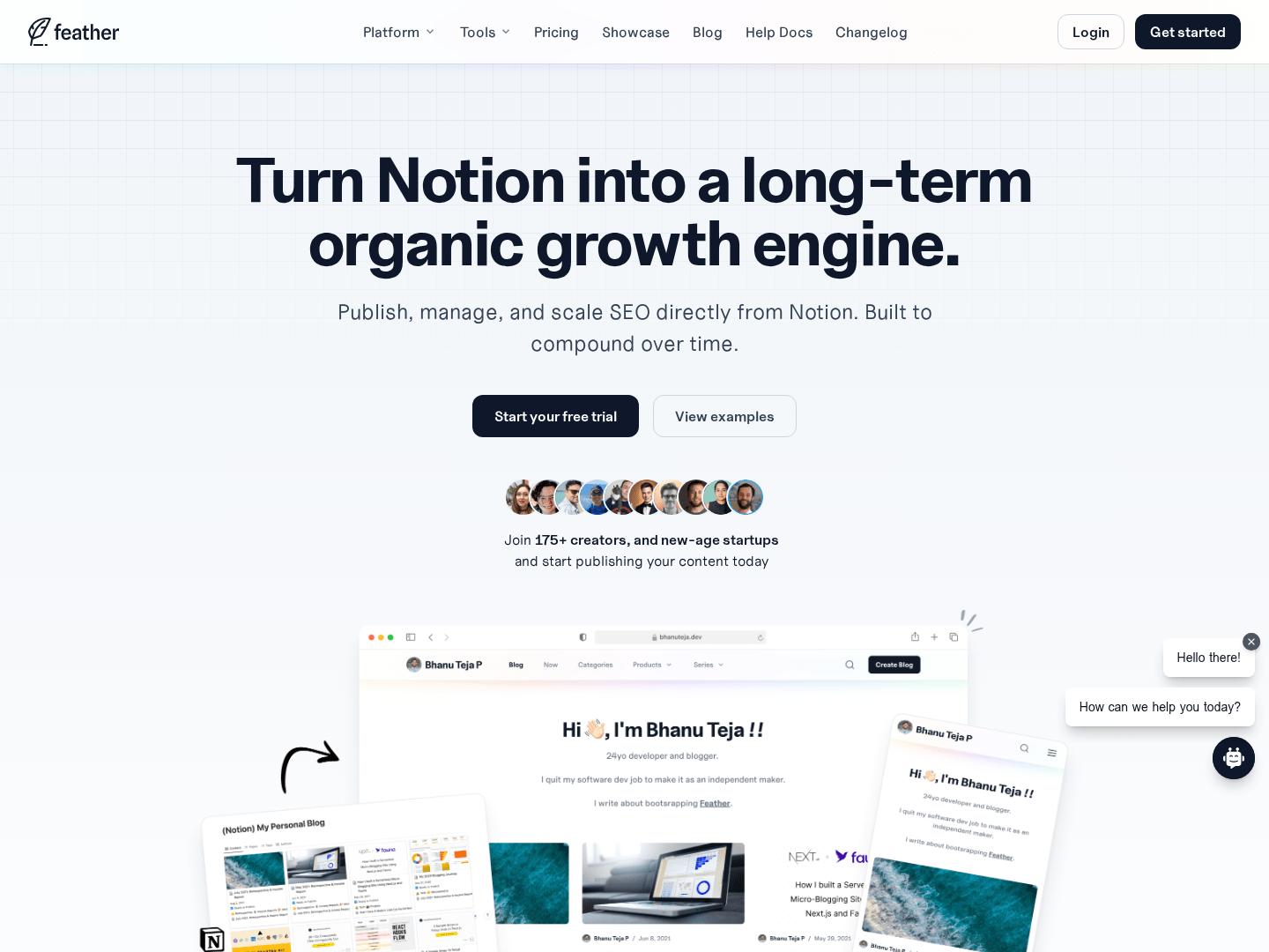 Hero viewport of feather.so on a white background. Top nav: Feather logo, Platform, Tools, Pricing, Showcase, Blog, Help Docs, Changelog, Login and Get Started buttons. Large black headline: "Turn Notion into a long-term organic growth engine." Subheadline: "Publish, manage, and scale SEO directly from Notion. Built to convert." Dark CTA button: "Start your free trial." Text link: "View examples." Social proof: "Join 674 websites..." A product screenshot shows a Notion-like editor interface with a blog post and a chat widget sidebar. Trust strip: "Trusted by 500+ startups" with logos including Tweet Hunter, Testimonial, xumm, GrowthX, Reflect, SwipeWell, BEYONK, Taplio, Dash MY, BotShot.