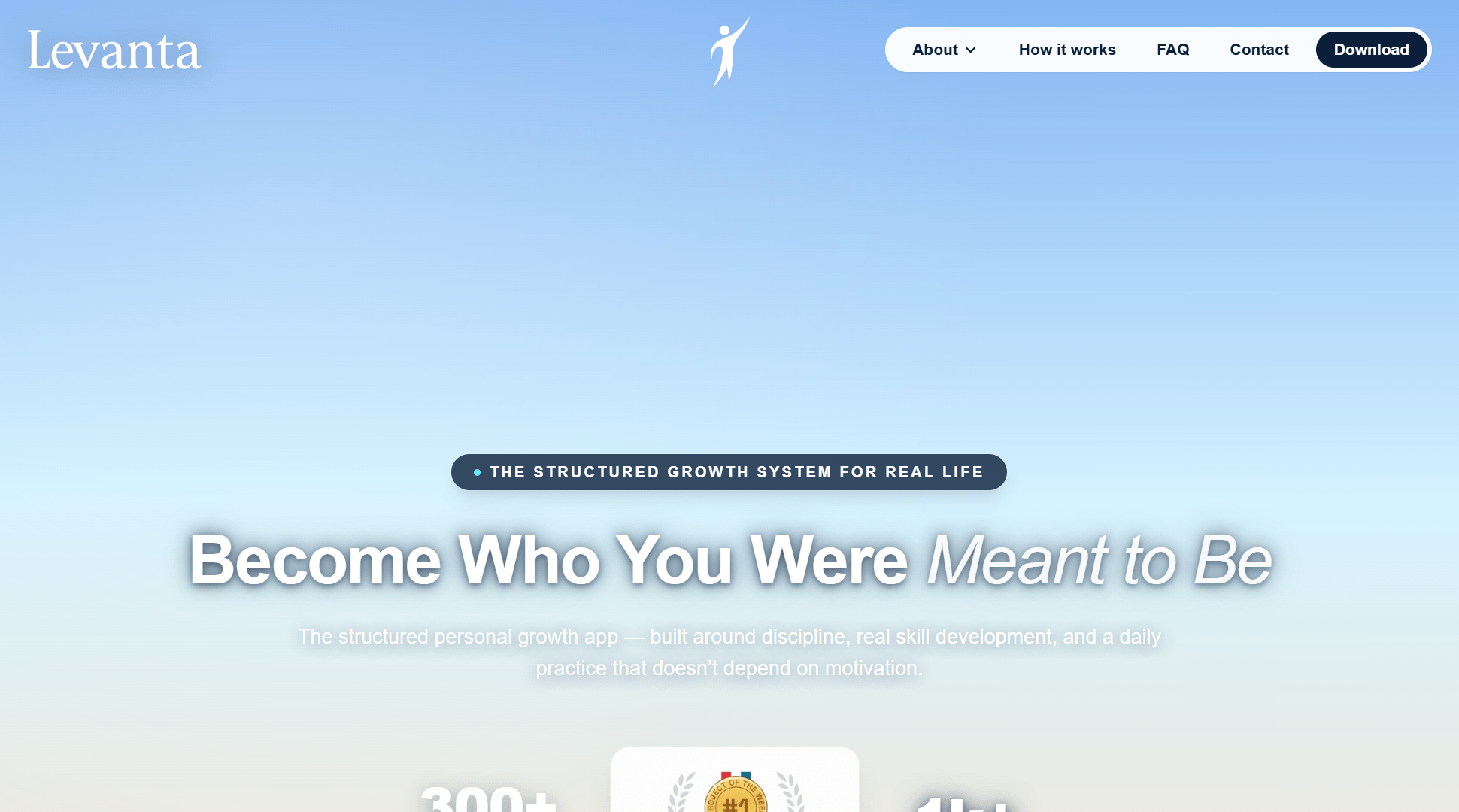 Hero viewport of levanta.life on a sky-blue gradient background fading into a silhouetted treeline. Top nav: Levanta logo, About, How it works, FAQ, Contact, Download. Small label: "THE STRUCTURED GROWTH SYSTEM FOR REAL LIFE". Large white headline: "Become Who You Were" followed by italic "Meant to Be". Two stats with a Project of the Week badge between them: "300+ DIFFERENT SKILLS TO LEARN" and "1k+ LEARNING PRACTICES". CTA button: "Download the app" with Apple, Android, and Windows icons. Floating testimonial cards surround the section with star ratings. Below: dark section with headline "Levanta is personal growth as it should be. See how the system works in 60 seconds." with a Play teaser button and more testimonial cards.