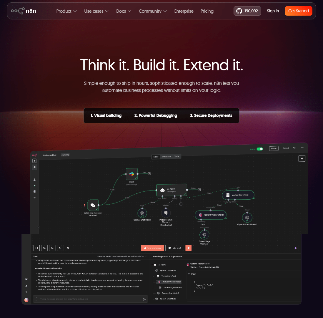 Hero viewport of n8n.io/features. Very dark background with purple-orange gradient accents and glowing node graph visible behind the headline. Large white headline: "Think it. Build it. Extend it." Feature category tabs at the top of the page. Below: "Visual building" section with a dark-themed product screenshot of a workflow canvas with connected nodes.