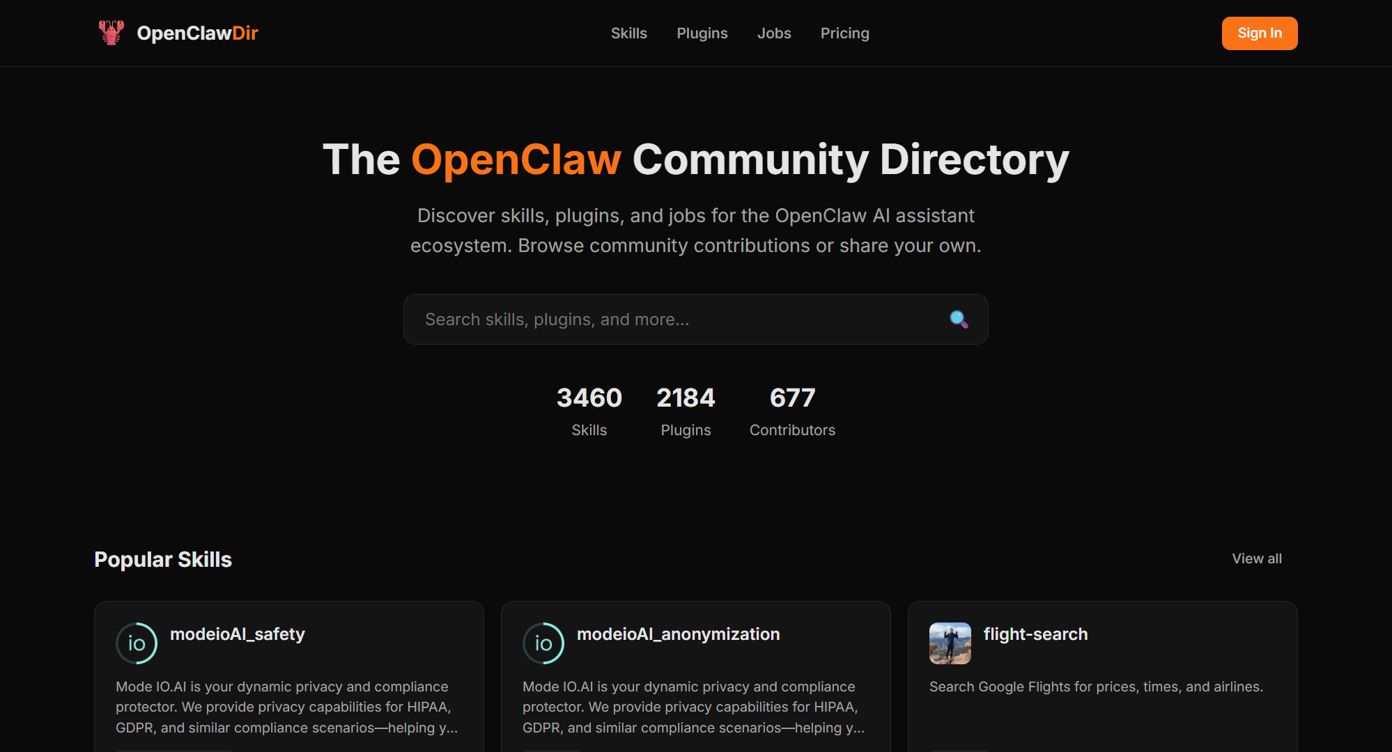 Hero viewport of openclawdir.com on a near-black background: the "OpenClawDir" logo in white and orange top-left, nav links for Skills, Plugins, Jobs, Pricing, and an orange Sign In button. The headline reads "The OpenClaw Community Directory" with "OpenClaw" in orange. Below: "Discover skills, plugins, and jobs for the OpenClaw AI assistant ecosystem. Browse community contributions or share your own." A search bar, then three stats — 3460 Skills, 2184 Plugins, 677 Contributors — and below those, the Popular Skills grid with cards including modelAI_safety and modelAI_anonymization (both showing identical description text) and Featured Plugins showing Voice Call, Microsoft Teams, and Zalo Official Account, all with a rating of ★372333.