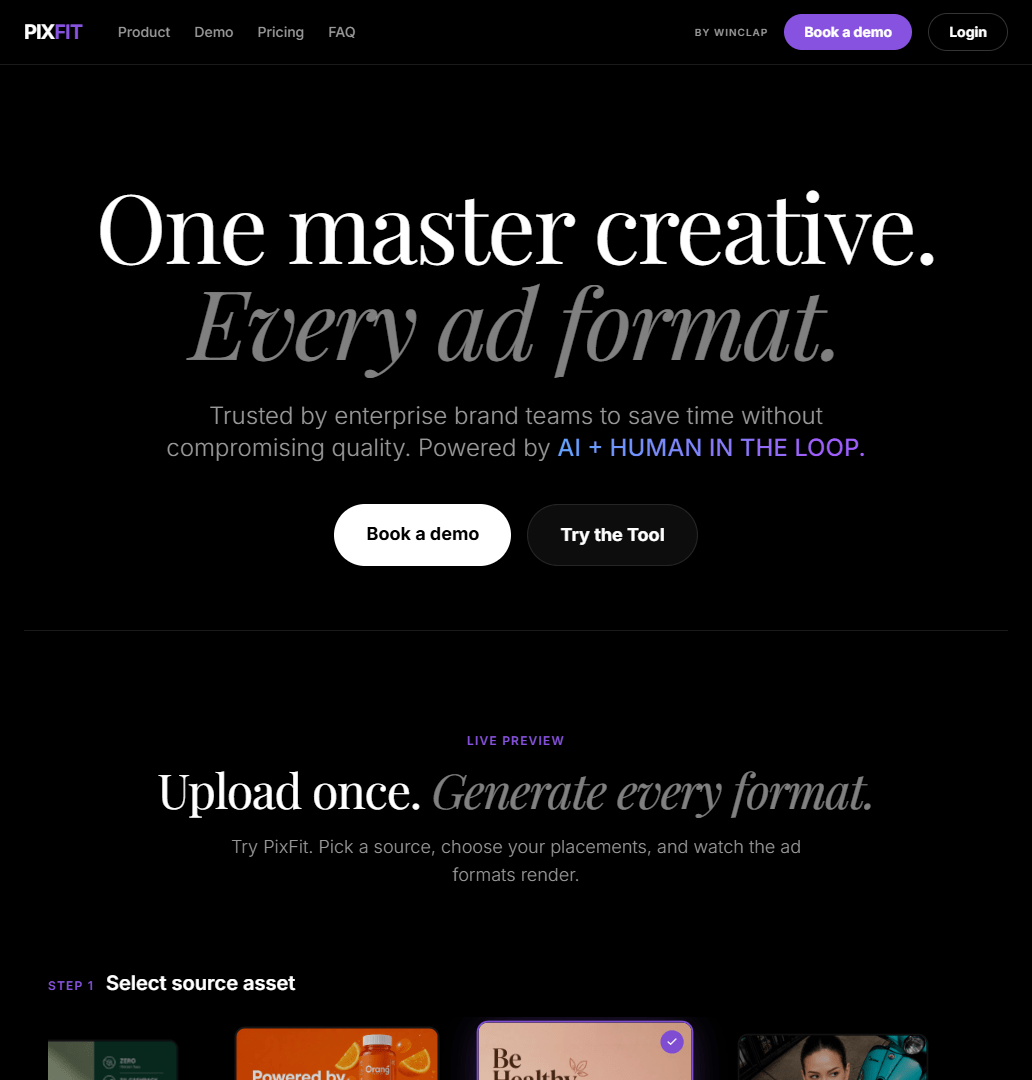 Hero viewport of pixfit.ai. Perma-dark background. Large italic serif headline: "One master creative. Every ad format." Subheadline about uploading once and generating every format. Small UI mockup panel visible below. Purple accent color on CTA button.