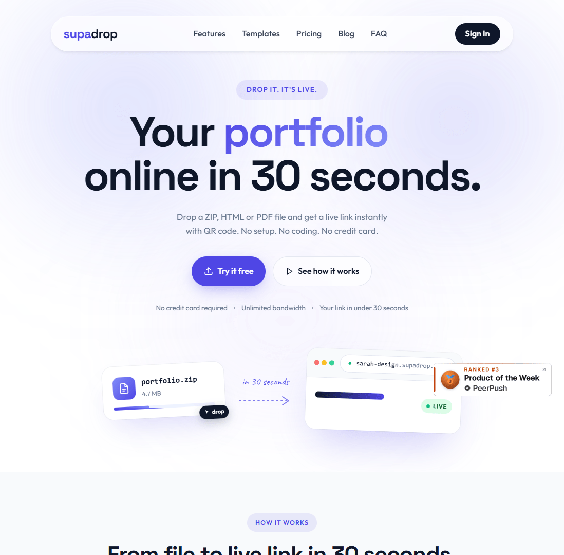 Hero viewport of supadrop.host. Dark navy background with purple gradient accents. Bold white headline: "Your portfolio online in 30 seconds." Subtitle about going from file to live link. Two CTA buttons. Product UI screenshot embedded in the hero. Below: second section heading "From file to live link in 30 seconds." — the same claim, rephrased, in the immediately following section.