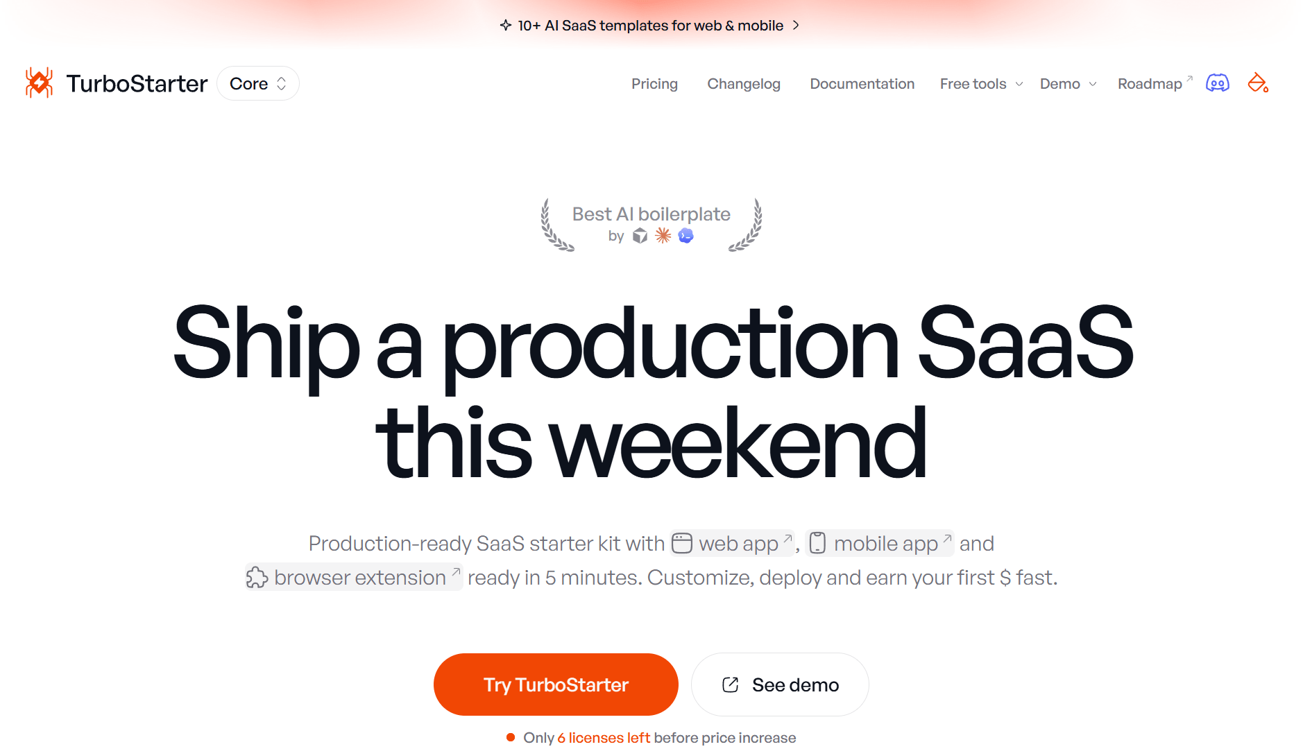 Hero viewport of TurboStarter. White and light-grey background with an orange accent colour. A large bold headline reads Ship a production SaaS this weekend with the subhead Focus on your product, not setup. Below sits a UI mockup of a dark dashboard with sidebar navigation and charts. An eyebrow label reading Ship. Fast. sits above the headline.