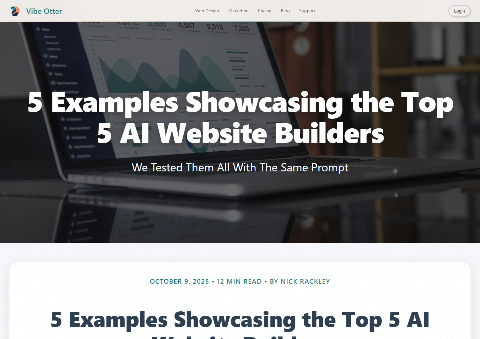 Hero viewport of the Vibe Otter blog post. Dark olive-green top bar. Article title: "5 Examples Showcasing the Top 5 AI Website Builders" with subtitle: "We Tested Them All With The Same Prompt." Below: a teal-bordered summary table titled "Test Results Summary: The Hard Truth" showing each competitor tested and results — Wix ADI, Squarespace AI, Framer, Lovable each marked as Can Not or Failed, with Vibe Otter marked as green success. Key Finding callout: "Only 1 out of 5 AI website builders successfully created a commercially viable website from a single conversation."